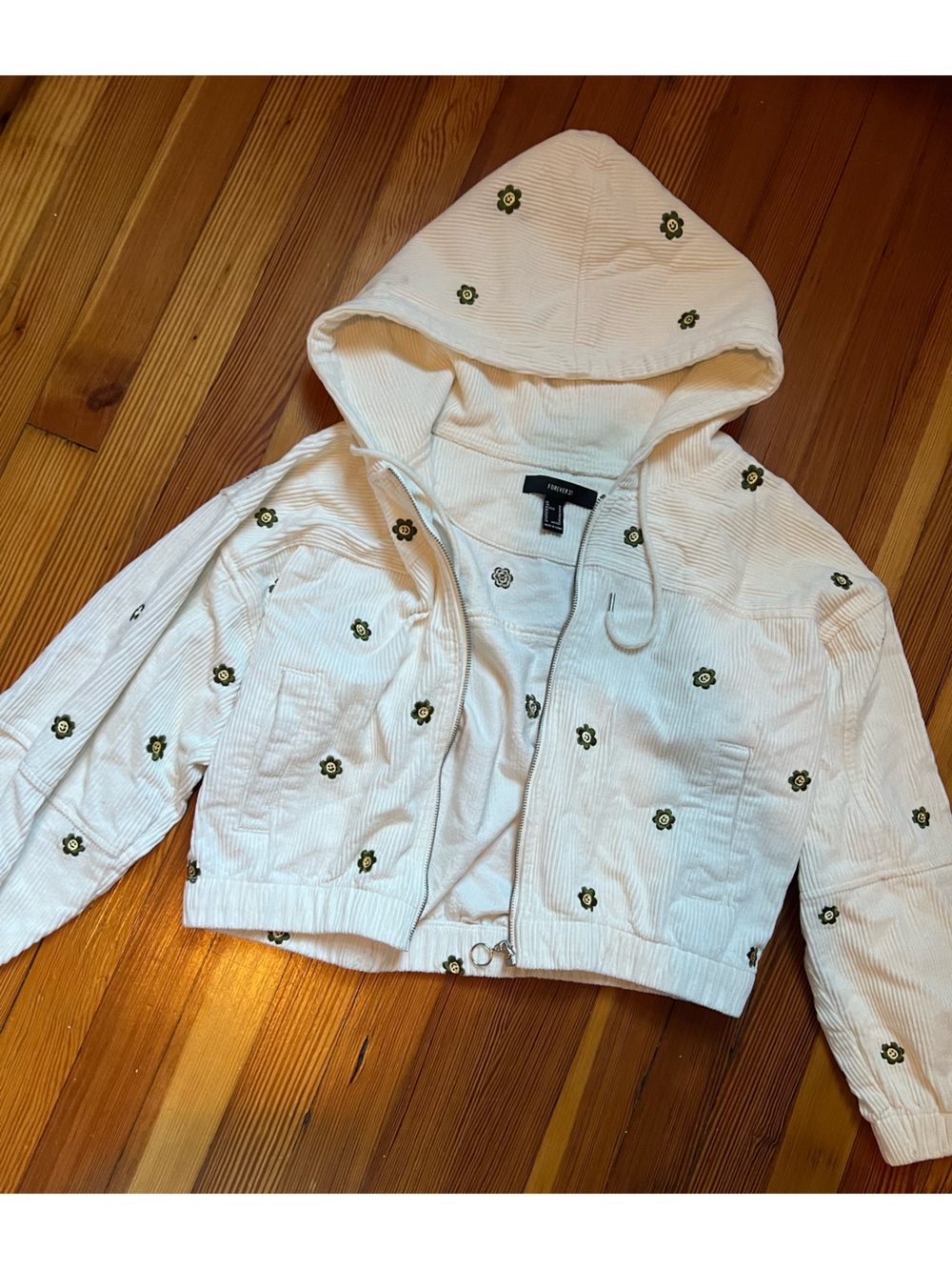 Forever 21 White Hooded Bomber Jacket with Green Smiley Face Flower Embroidery